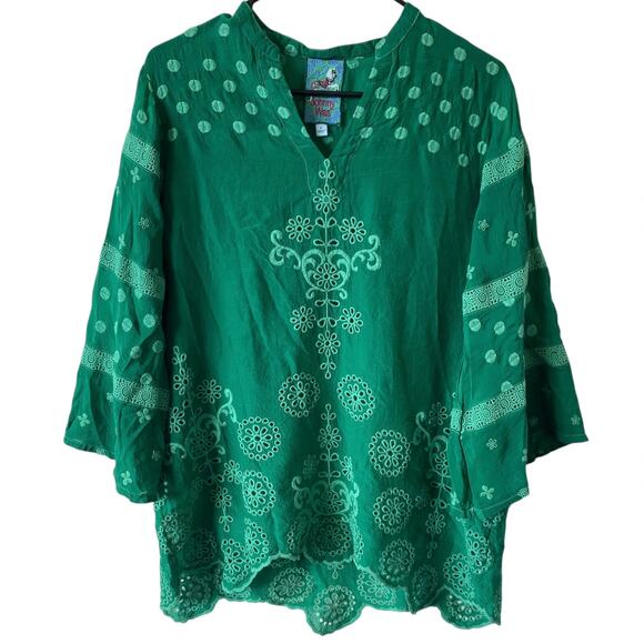 JOHNNY WAS Embroidered Evy Flower Blouse Green Size Small Flare Sleeve Boho Chic - Picture 1 of 7